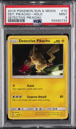 2019 POKEMON SUN & MOON DETECTIVE PIKACHU #10 DETECTIVE PIKACHU-HOLO PSA 9 - Image 1