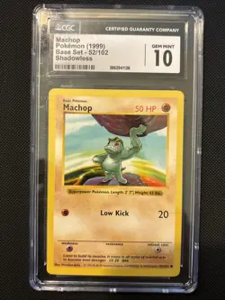 CGC 10 GEM MINT Machop 1999 Base Set 1st Edition Shadowless 52/102 Pokemon Card - Image 1