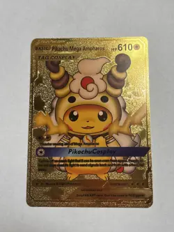 Pikachu Mega Ampharos Tag Cosplay Gold Foil Fan Art Display Card NM/M - Image 1