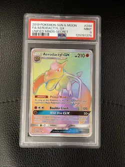 Secret Rare Aerodactyl GX PSA 9 Rainbow Pokemon 2019 Unified Minds 244/236 Card - Image 1