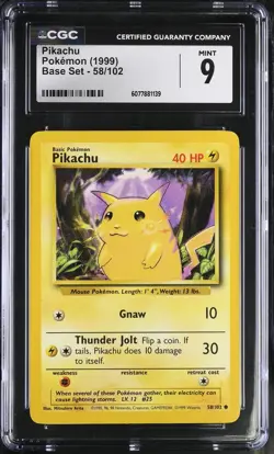 CGC 9 MINT Pikachu 1999 Base Set 58/102 Pokemon Card - Image 1