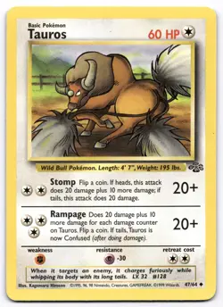 Tauros 47/64 Jungle Pokemon Card Vintage WOTC | LP - Image 1