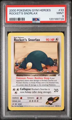 Pokemon TCG 33/132 Rocket's Snorlax 2000 Pokemon Gym Heroes PSA 9 - Image 1