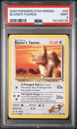 Pokemon TCG 64/132 Blaine's Tauros 2000 Pokemon Gym Heroes PSA 9 - Image 1