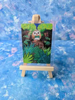 Hand-Painted Rowlet 9/149 Sun & Moon: Base Set Pokemon Card & Display Easel - Image 1