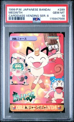 1999 POKEMON JPN BANDAI CARDDASS VENDING SERIES 8 #289 MEOWTH PSA 10 - Image 1