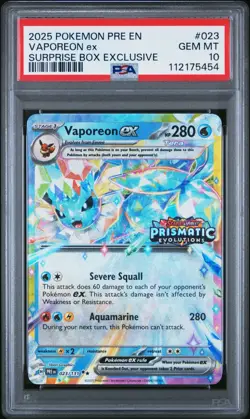 2025 POKEMON PRISMATIC EVOLUTIONS 023 VAPOREON EX SURPRISE BOX EXCLUSIVE PSA 10 - Image 1
