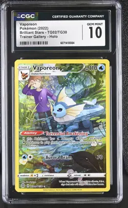 CGC 10 GEM MINT Vaporeon Brilliant Stars TG02/TG30 Trainer Gallery Pokemon Card - Image 1