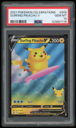 2021 POKEMON CELEBRATIONS #008/025 SURFING PIKACHU V PSA 10 - Image 1