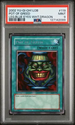 2002 Yu-Gi-Oh! Pot Of Greed Leg. Blue Eyes Wht Dragon LOB-119 PSA Mint 9 - Image 1