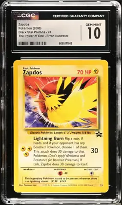 CGC 10 GEM MINT Zapdos 23 Black Star Promo Aoki Error 2000 WOTC Pokemon Card - Image 1