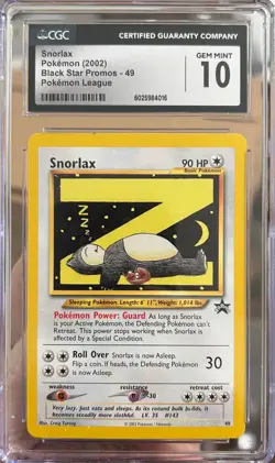 CGC 10 GEM MINT Snorlax 49 WOTC LEAGUE Black Star Promos 043 Pokemon Card - Image 1