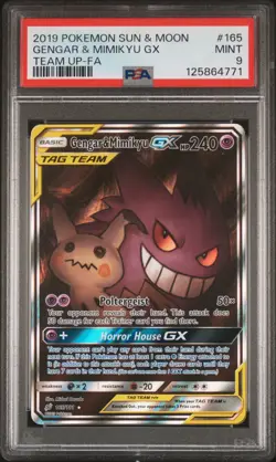 2019 POKEMON SUN & MOON TEAM UP #165 FULL ART/GENGAR & MIMIKYU GX PSA 9 - Image 1