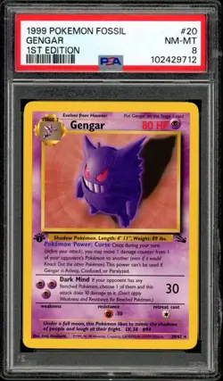 1999 Pokemon Fossil #20 Gengar 1st Edition PSA 8 NM-MT - Image 1
