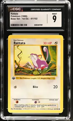 CGC 9 MINT Rattata 1999 Base Set 1st Edition Shadowless 61/102 Pokemon Card - Image 1