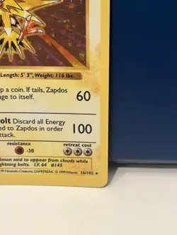 Pokemon TCG Zapdos Holo Rare Card Base Set Shadowless 16/102 MP - Image 4