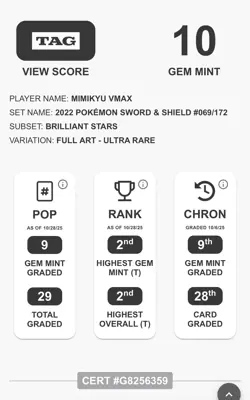 TAG GEM MINT 10 Mimikyu VMAX 069/172 - Brilliant Stars Pokemon - Image 3