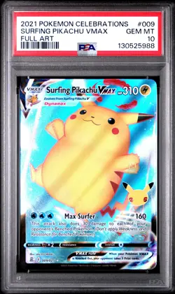 2021 POKEMON CELEBRATIONS #009 FULL ART/SURFING PIKACHU VMAX PSA 10 - Image 1