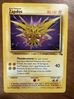 Pokemon TCG Zapdos 30/62 Fossil Unlimited Non-Holo Rare LP - Image 1
