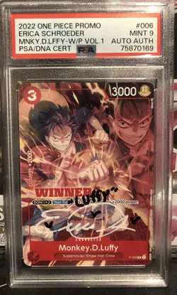 2022 One Piece TCG Luffy Winner Promo card - 1/1 Erica Schroeder Auto PSA Mint 9 - Image 1