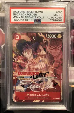 2022 One Piece TCG Luffy Winner Promo card - 1/1 Erica Schroeder Auto PSA Mint 9 - Image 2