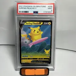 2021 Pokemon Celebrations Surfing Pikachu V HOLO RARE PSA 9 MINT #008 FULL ART - Image 1