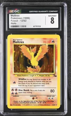 CGC 8 Moltres 1999 Fossil 12/62 Holo Pokemon Card - Image 1