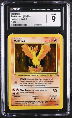 CGC 9 MINT Moltres 1999 Fossil 12/62 Holo Pokemon Card - Image 1