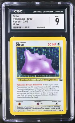 CGC 9 MINT Ditto 1999 Fossil 3/62 Holo Pokemon Card - Image 1