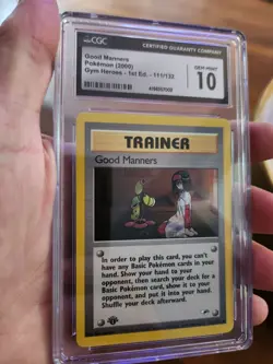 (TOP POP 23) CGC 10 GEM MINT Pokemon 1st Edition Gym Heroes 111/132 Good Manners - Image 1