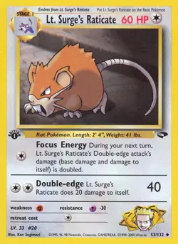 Pokemon Lt. Surge's Raticate (53/132) Gym Challenge 1ED NM - Image 1