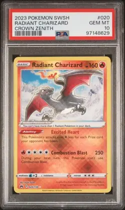 2023 POKEMON SWORD & SHIELD CROWN ZENITH #020 RADIANT CHARIZARD PSA 10 - Image 1