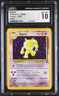 CGC 10 GEM MINT Hypno 1999 Fossil 8/62 Holo Pokemon Card - Image 1