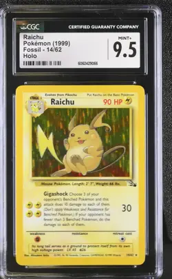 CGC 9.5 MINT+ Raichu 1999 Fossil 14/62 Holo Pokemon Card - Image 1