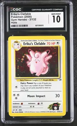 CGC 10 GEM MINT Erika's Clefable 2000 Gym Heroes 3/132 Holo Pokemon Card - Image 1