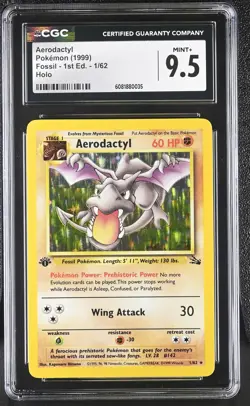 CGC 9.5 MINT+ Aerodactyl 1999 Fossil 1st Edition 1/62 Holo Pokemon Card - Image 1