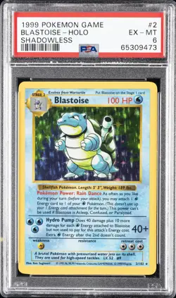 1999 POKEMON GAME SHADOWLESS #2 BLASTOISE-HOLO PSA 6 - Image 1