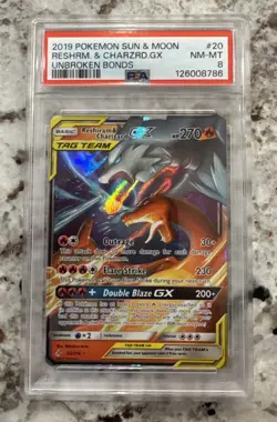Reshiram & Charizard GX 20/214 Unbroken Bonds PSA 8 NM/Mint Pokemon Card - Image 1