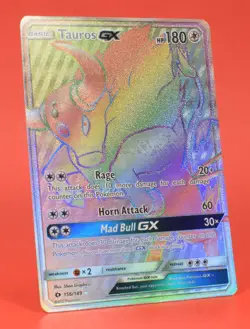Pokemon English TCG Card Sun & Moon Set Tauros GX 156/149 Full Art Rainbow - Image 3