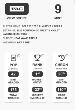 Misty's Lapras AR 072/063 SV9a Heat Wave Arena TAG 9 Japanese Pokemon Card - Image 3