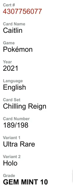 Pokemon Caitlin 189/198 SWSH Chilling Reign Full Art Trainer. Graded 10 - Image 3