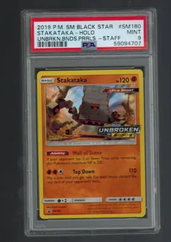 2019 Stakataka PSA 9 Staff Prerelease Black Star Promo SM180 Promo Pokemon Holo - Image 1