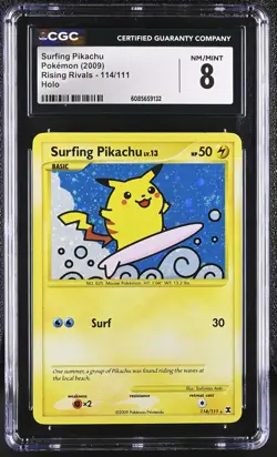 CGC 8 Surfing Pikachu 2009 Rising Rivals 114/111 Holo SWIRL Pokemon Card - Image 1