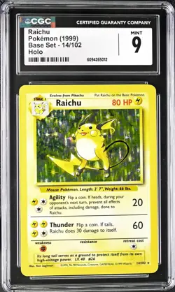 CGC 9 MINT Raichu 1999 Base 14/102 Holo Pokemon Card psa - Image 1