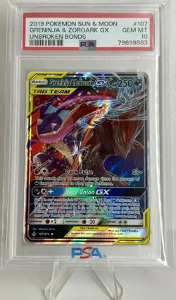 Pokemon 2019 Unbroken Bonds Greninja & Zoroark Gx PSA 10 Gem Mint #107/214 - Image 1