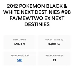 Pokemon 2012 B&W Mewtwo EX Next Destinies PSA 9 Low POP 148 - Image 2
