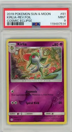 2019 Pokemon Sun & Moon Cosmic Eclipse Kirlia Reverse Holo #81 PSA 9 Mint Pop 1! - Image 1