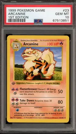 Pokemon Arcanine Base Set Shadowless 1st Edition #23 PSA 10 Gem Mint - Image 1