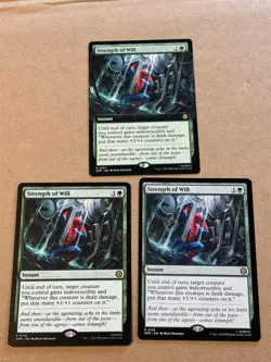 3 x mtg Strength of Will, 1 is borderless, from Spiderman set, unplayed - Image 1