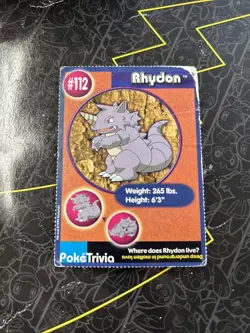 Pokemon Poketrivia 1998 Burger King Card - 112 Rhydon - Image 1